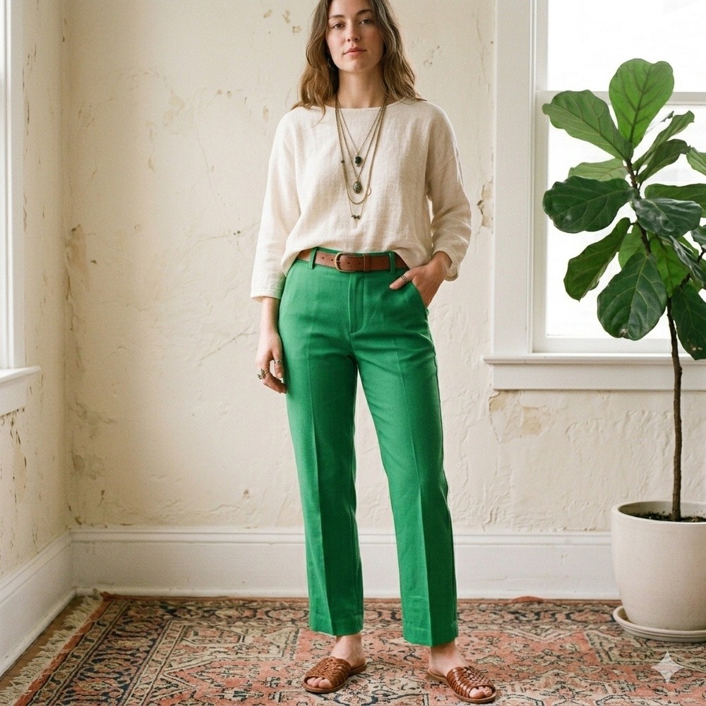 Anthropologie Elevenses The Brighton Pants Womens 6 Green Wide Leg Linen Tencel